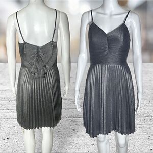 Express Silver Metallic Pleated Bow In Back Dress